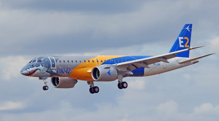 the "shark" embraer e190-e2 arrives in europe for