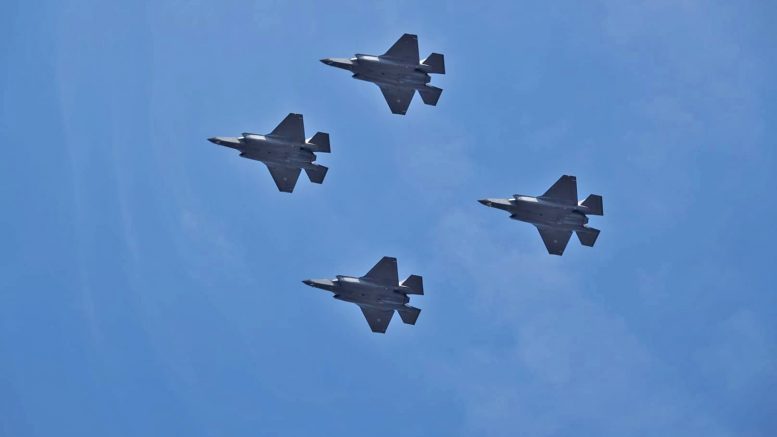 Formation of F-35A Lightning IIs of the 322 squadron from Leeuwarden Air Base