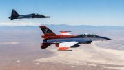 X-62A VISTA flies alongside a U.S. Air Force T-38 Talon during SAFE flight testing. Photo by: U.S. Air Force.