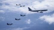 RAF Voyager preparing to refuell RAF F-35B and Japanese F-2 aircraft over the Indo
