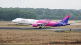 Airbus A321 Wizz Air landing at Eindhoven Airport, Netherlands