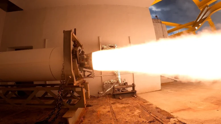 The second stage solid rocket motor completes a static fire test on November 21, 2025 in Elkton, Maryland. (Photo Credit: Northrop Grumman)