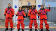 Artemis II crew members (from left) CSA (Canadian Space Agency) astronaut Jeremy Hansen, and NASA astronauts Christina Koch, Victor Glover, and Reid Wiseman