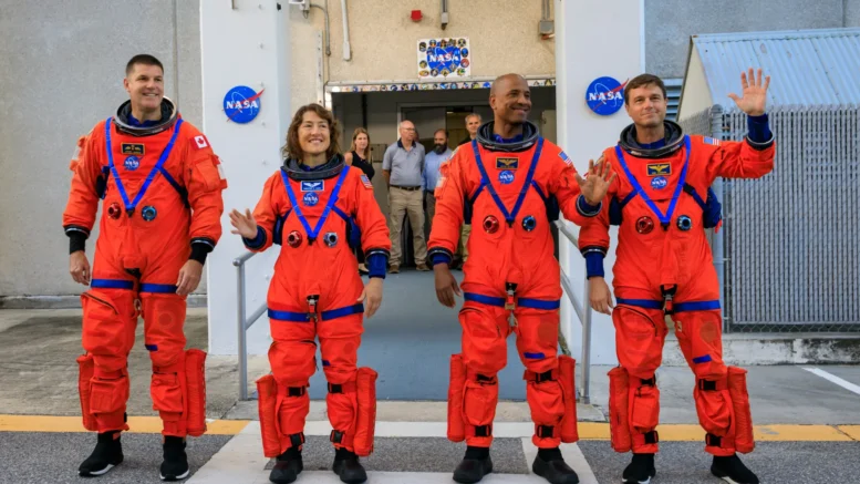 Artemis II crew members (from left) CSA (Canadian Space Agency) astronaut Jeremy Hansen, and NASA astronauts Christina Koch, Victor Glover, and Reid Wiseman