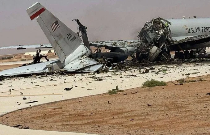 New image reportedly showing the USAF E-3 Sentry 81-0005 destroyed in an Iranian attack at Prince Sultan Airbase on Friday. Source X
