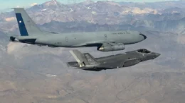 A Chilean air force KC-135E Stratotanker and U.S. Air Force F-35A Lightning II fly in Chilean airspace April 5, 2026.