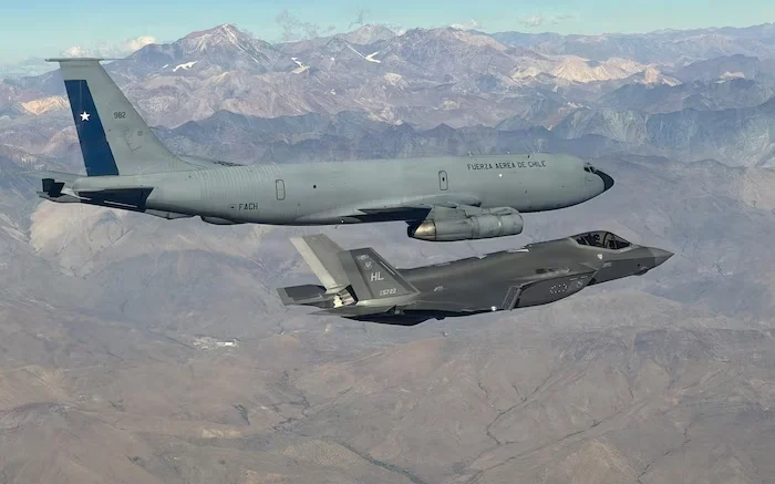 A Chilean air force KC-135E Stratotanker and U.S. Air Force F-35A Lightning II fly in Chilean airspace April 5, 2026.