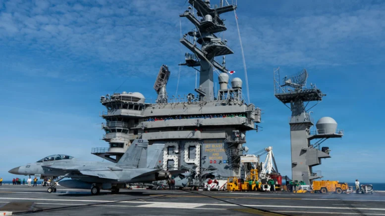 An F/A-18F Super Hornet landed on carrier USS Dwight D. Eisenhower (CVN-69) May 6, 2026. US Navy photo